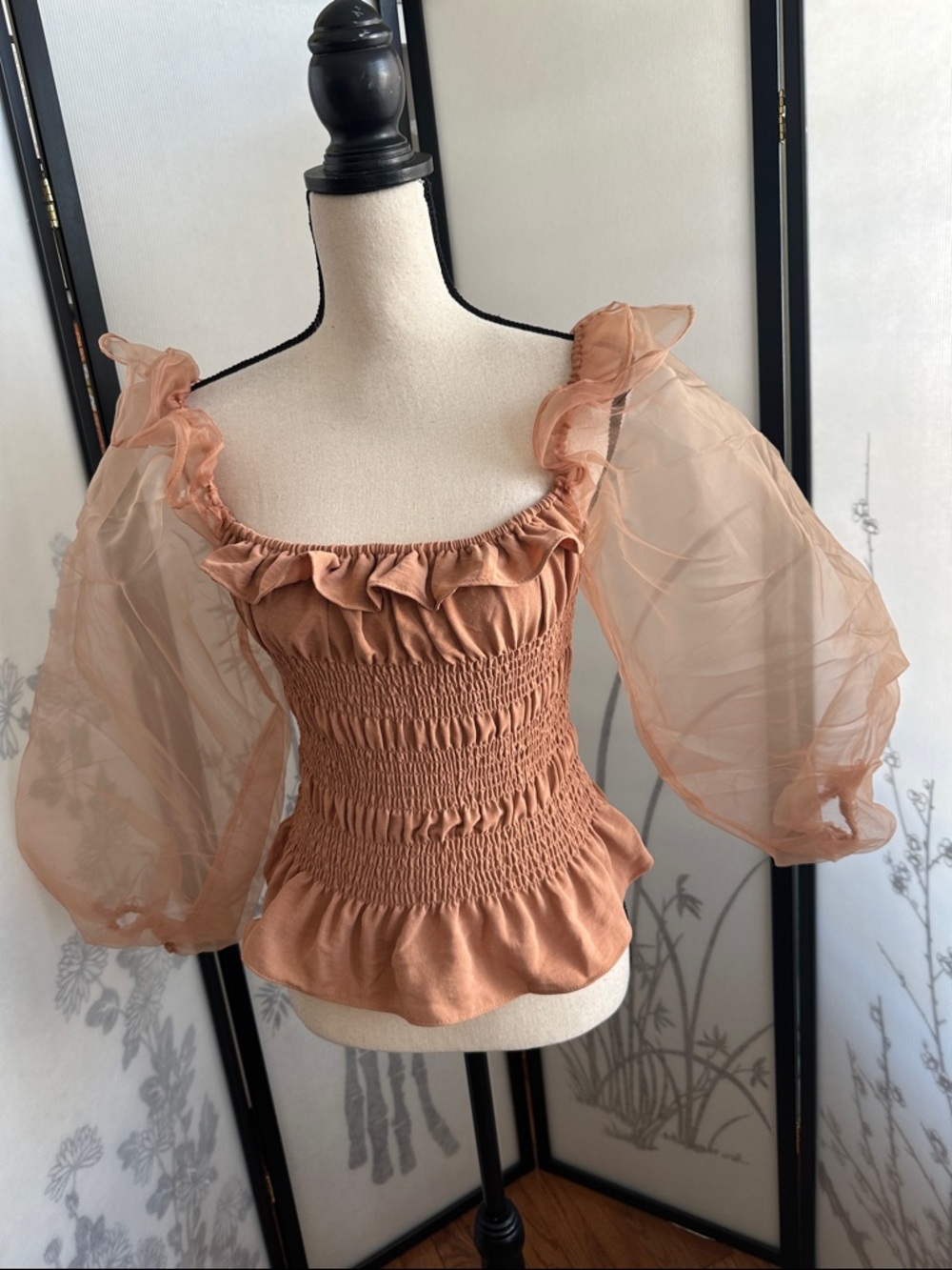 Sheer Puff-Sleeve Smocked Off-the-Shoulder Blouse in Dusty Peach